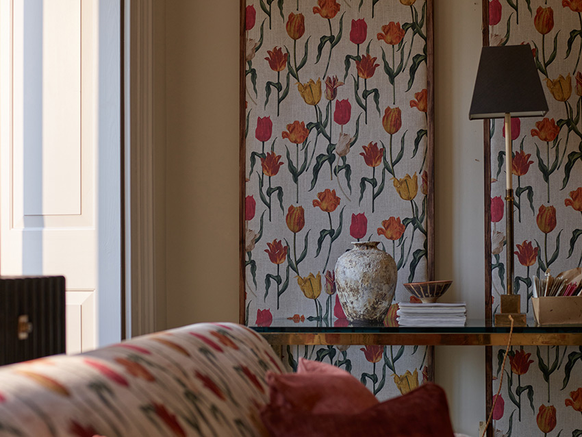 RHS Collection on Velvet Pieter van Kouwenhoorn Tulips with scatters in Almost Plain Velvet Maple and Brick